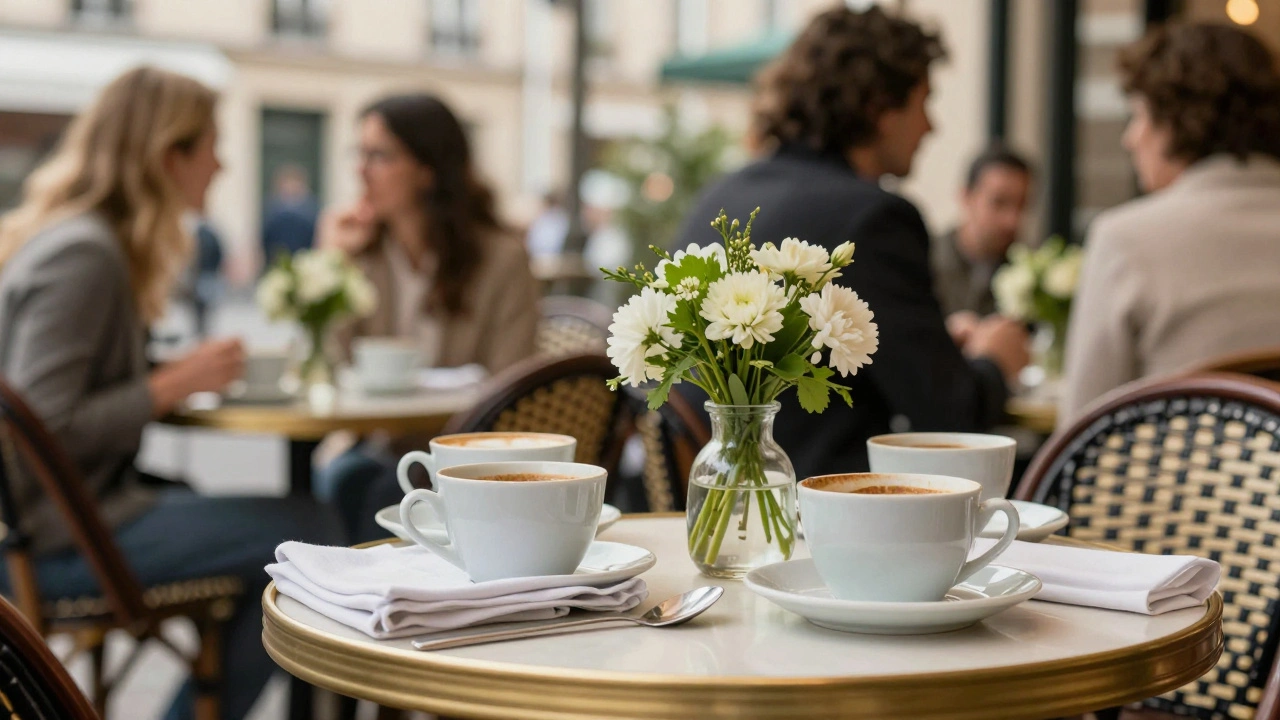 Upscale cafe table setting with cups and flowers in daylight.